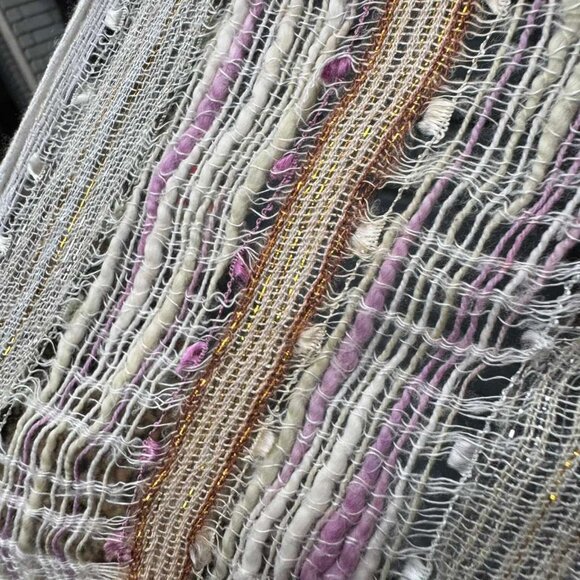 Scarf Boucle Slub Yarn Striped Metallic Accent Thread Gold Shawl Wrap Fringe 68" - Picture 3 of 6
